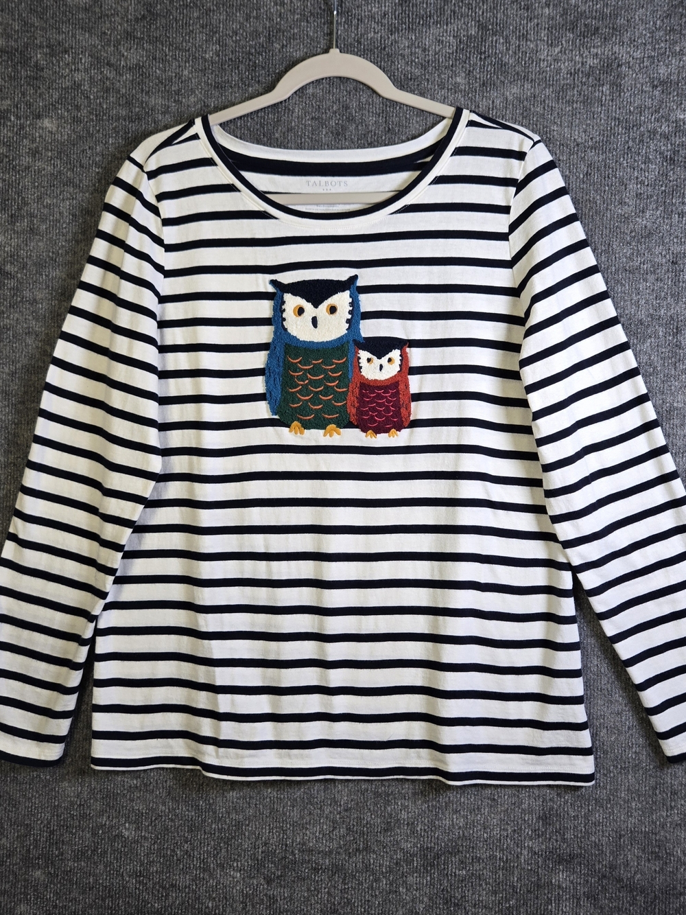 Talbots T Shirt Womens L Black White Stripe Cotton Applique Teacher Owls